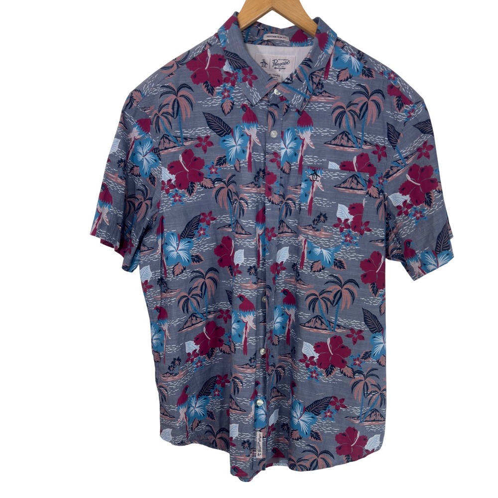 Penguin Heritage Slim Fit Hawaiian Parrot Tropical‎ Men's Button Down Shirt XL